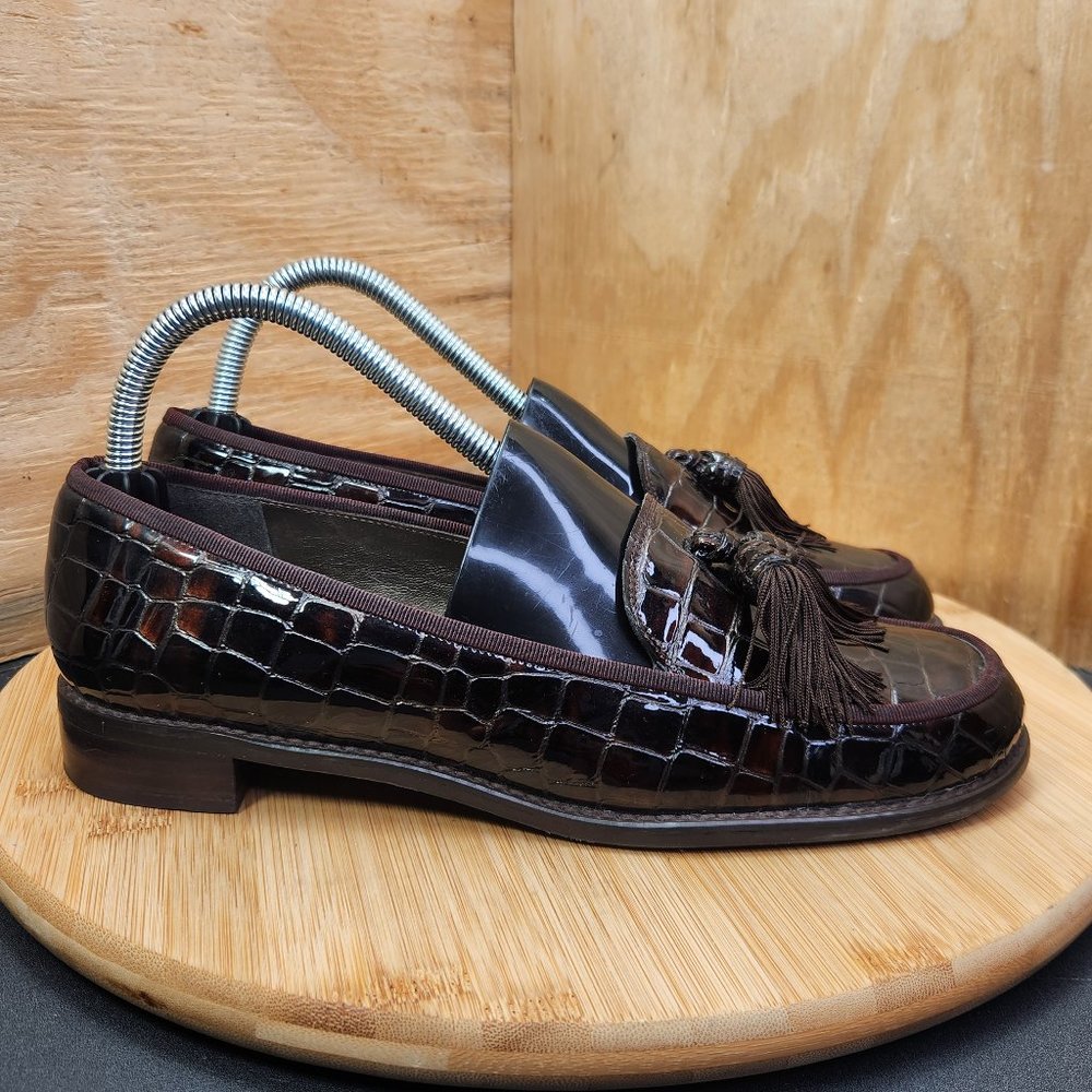 Stuart Weitzman Dark Brown Croc-Embossed Patent Leather Tassel Loafers